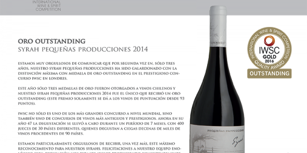 Syrah Pequeñas Producciones 2014, Oro Outstanding, IWSC – UK